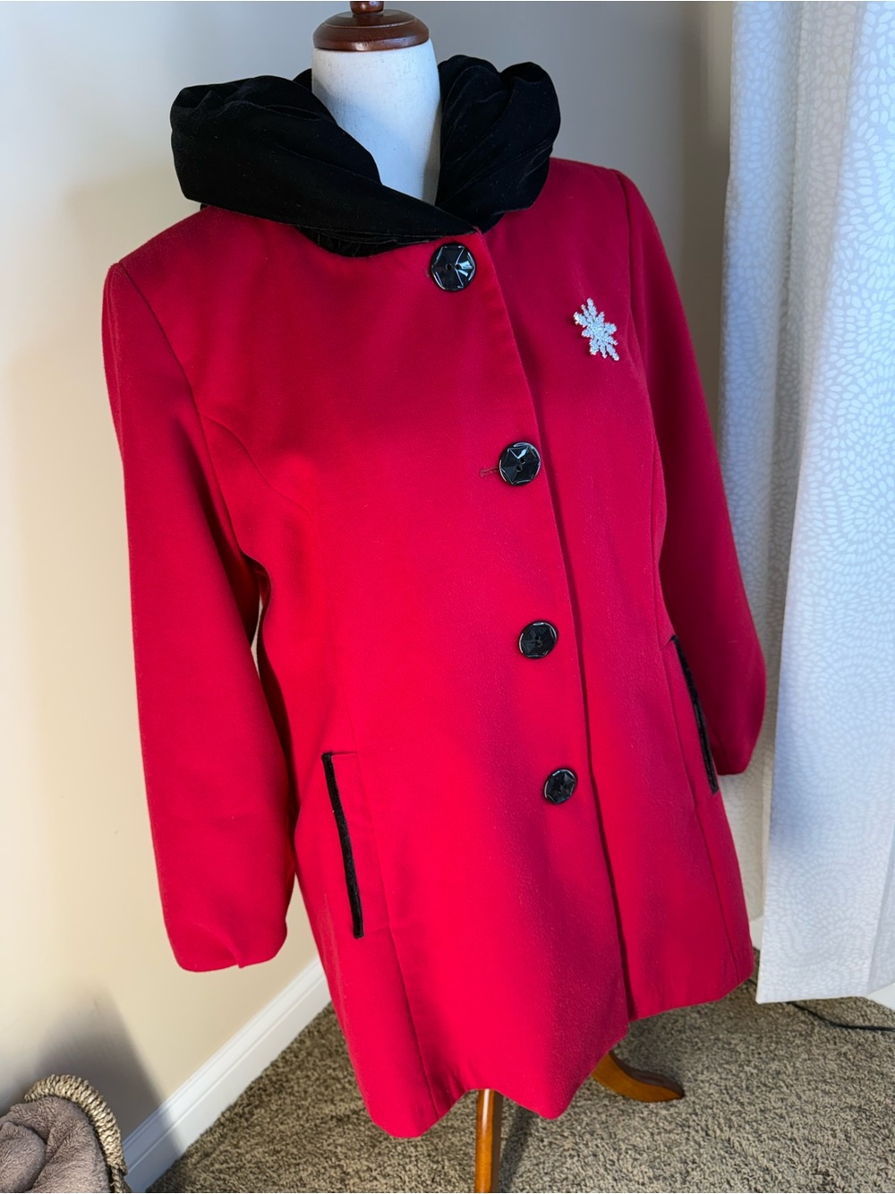 Susan Graver Red Pea Coat with Black Hooded Trim
